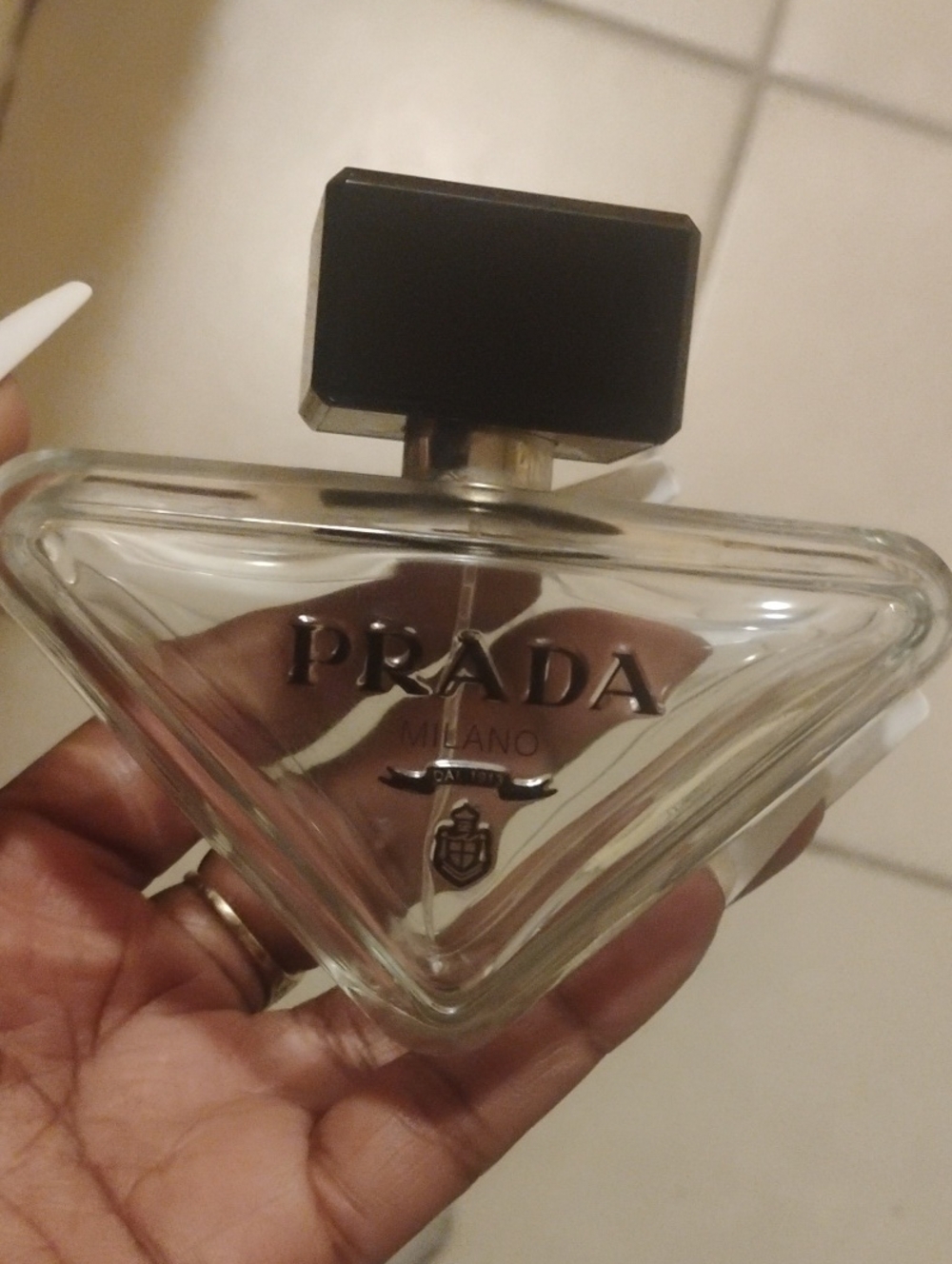 Prada Clear Glass Triangle Bottle with Black Cap
